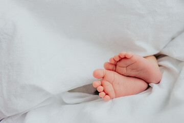 Baby's feet under a white blanket