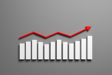 3d rendering business growing graph with red arrow on gray background. Creative business concept of progress and development.