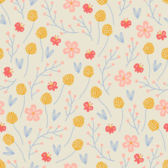 Floral seamless pattern with butterflies, flowers, leaves, herbs. Vector illustration