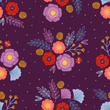 Floral seamless pattern with flowers, leaves, butterflies on violet background