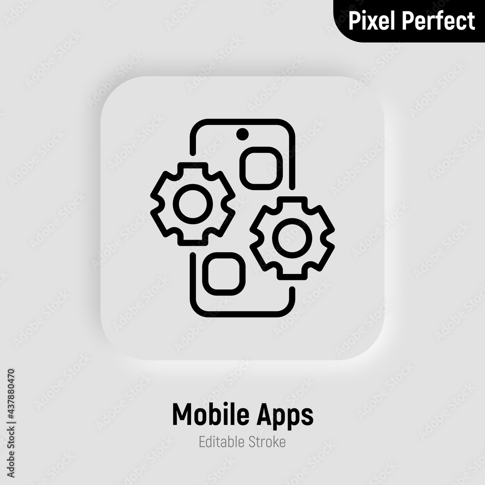 Poster web development thin line icon. mobile app. cogwheels on smartphone screen. pixel perfect, editable 