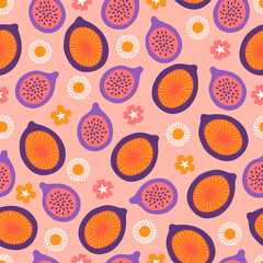 Fruit seamless pattern with figs, chamomile, flowers on pink background