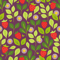 Fruit seamless pattern with strawberry, leaves, flowers on brown background