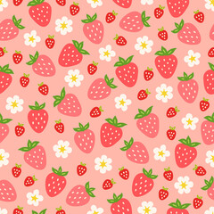 Fruit seamless pattern with flowers and wild strawberries. Vector illustration