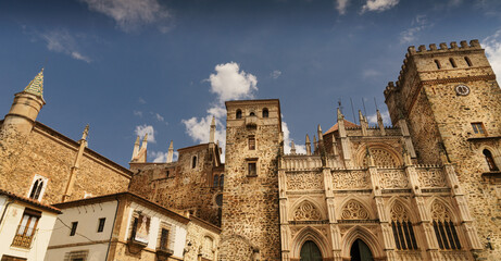 Fototapeta na wymiar Main facade of the Mudejar Gothic Monastery of Guadalupe in Spain. World heritage