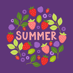 Fruit greeting card with strawberry, blueberry, leaves. Circle ornament