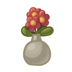 Cute simple cartoon red flowers in circle grey vase. Vector illustration isolated on white