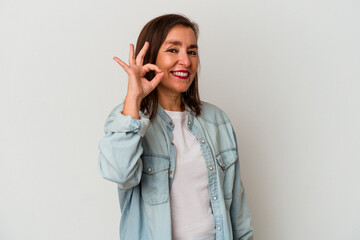 Middle age caucasian woman isolated on white background cheerful and confident showing ok gesture.