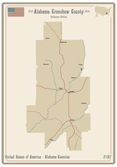 Map on an old playing card of Crenshaw county in Alabama, USA.
