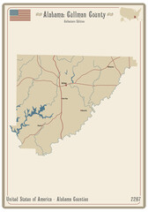 Map on an old playing card of Cullman county in Alabama, USA.