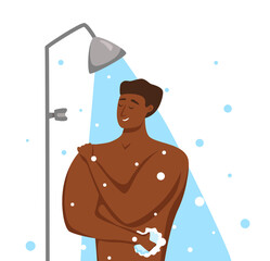 Young African American men taking shower cartoon vector illustration.