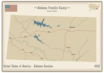Map on an old playing card of Franklin county in Alabama, USA.