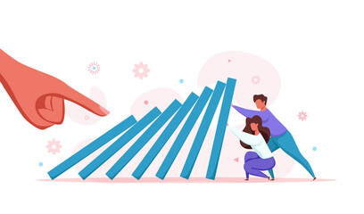 Domino effect of businessman pushing hard against falling domino vector illustration