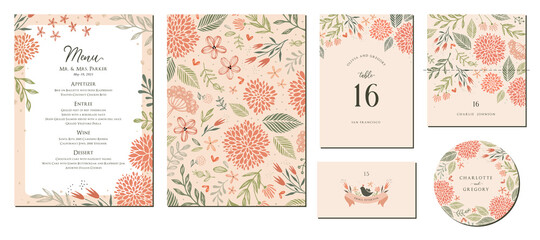 Universal hand drawn floral menu suite in warm colors perfect for an autumn or summer wedding and birthday invitations, and baby shower. - 437881877
