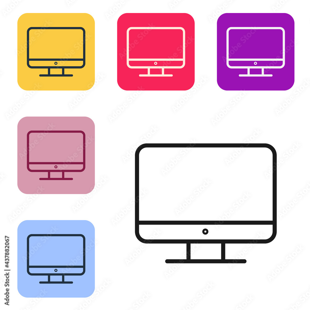 Poster Black line Computer monitor screen icon isolated on white background. Electronic device. Front view. Set icons in color square buttons. Vector Illustration