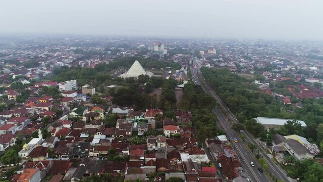 Aerial footage view of cityscape with building, residential and road landscape