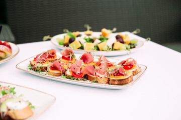 Snacks, sandwiches, canapes on the buffet table