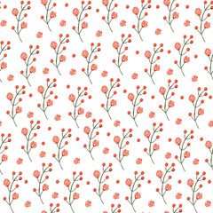 Beautiful seamless pattern with branches with small red flowers. Hand painted illustration on white background. Great for fabrics, wrapping papers, wallpapers, covers.