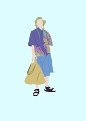 flat illustration of a stylish man in bright purple shirt with mountains holding a bag 