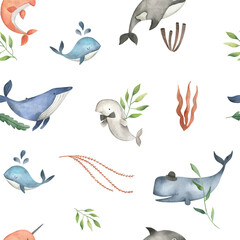 Sea animals watercolor illustration seamless pattern  © Bianca