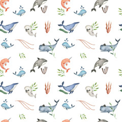 Sea animals  whale watercolor illustration pattern  © Bianca