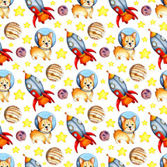 Watercolor illustration of a corgi pattern in space, planets, rocket and stars. Seamless repeating pattern of astronaut dogs. Puppy in a spacesuit. Isolated on white background. Drawn by hand.