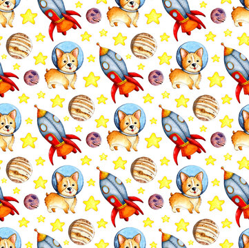 Watercolor illustration of a corgi pattern in space, planets, rocket and stars. Seamless repeating pattern of astronaut dogs. Puppy in a spacesuit. Isolated on white background. Drawn by hand.