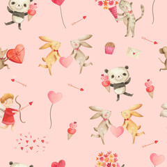 Valentines watercolor cute animals illustration pattern 