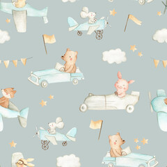 Cars and planes woodland baby nursery animals watercolor illustration seamless pattern  © Bianca