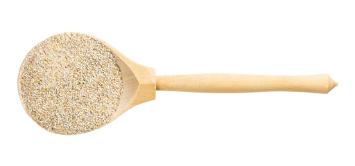 top view of wood spoon with rye bran isolated