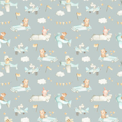 Cars and planes woodland baby nursery animals watercolor illustration pattern  © Bianca