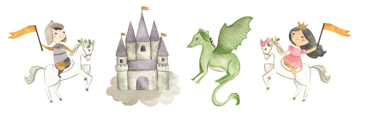 Fairy tale Princess and Knight watercolor illustration - obrazy, fototapety, plakaty