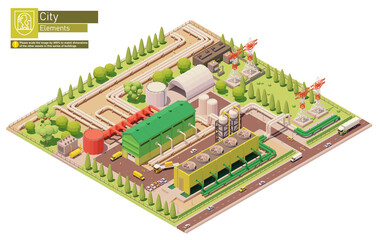 Vector isometric geothermal power station. Geothermal energy generation. Power plant with power lines and pipelines - 437883882