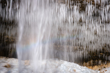 Frozen Pericnik waterfall in Vrata valley in Slovenia