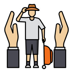 Holiday and Travel Insurance Concept Vector Color Icon Design, Financial loss Protection Symbol, Risk management Sign, Person with Lugagge and Protected with Human Hand Stock Illustration