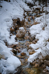 Frozen Pericnik waterfall in Vrata valley in Slovenia