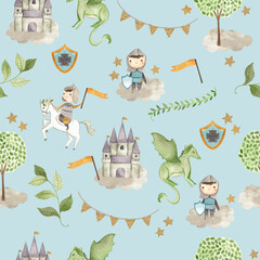 Fairy tale Knight watercolor illustration pattern  blue 