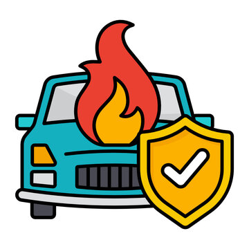 Sedan Car Is Being Caught By Fire Vector Color Icon Design, Financial Loss Protection Symbol, Risk Management Sign, Collateral Protection Insurance Concept, Automobile Front View With Shield Stock