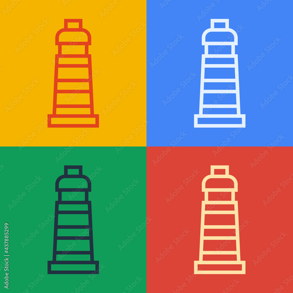 Poster pop art line lighthouse icon isolated on color background. vector