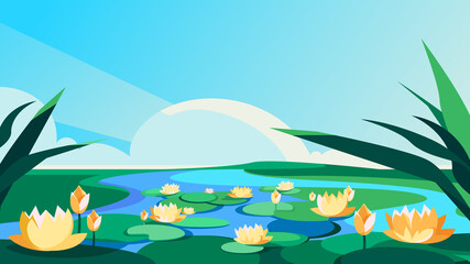 Fototapeta na wymiar Blooming lotuses on the river. Beautiful natural scenery.