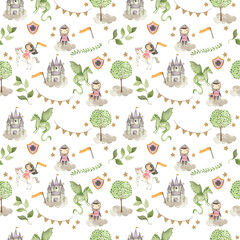 Fairy tale Princess and Knight watercolor illustration pattern  white 