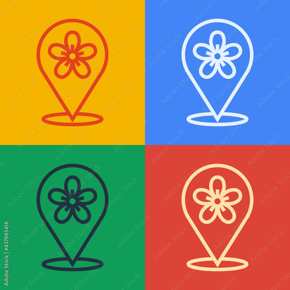 Aufkleber pop art line location with flower icon isolated on color background. vector