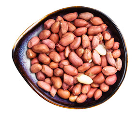 view of shelled peanuts in ceramic bowl isolated