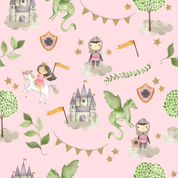 Fairy Tale Princess And Knight Watercolor Illustration Seamless Pattern Pink 