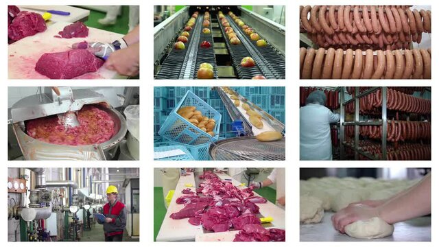 Food production, bakery, butchery, sugar factory, sausages, meat, peas, green beans, sunflower oil, apples, dairy farm, milk, cheese, cucumbers, bread, montage footages in timelapse, collage
