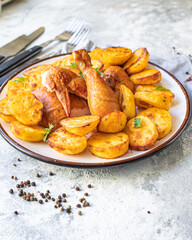 chicken pieces and potatoes fried , baked vegetable poultry meat organic dish on the table healthy food meal snack copy space food background rustic 