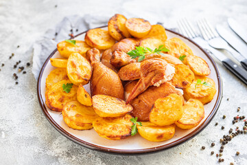 chicken pieces and potatoes fried , baked vegetable poultry meat organic dish on the table healthy food meal snack copy space food background rustic 