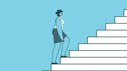Walk Up The Stairs. Success and Career Growth Concepts. Flat Design Woman Cartoon Character Isolated Loop 2d Animation