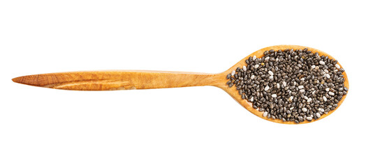 top view of wood spoon with raw chia seeds