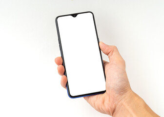 Hand a man holding mobile phone with a copy space isolated on white background.